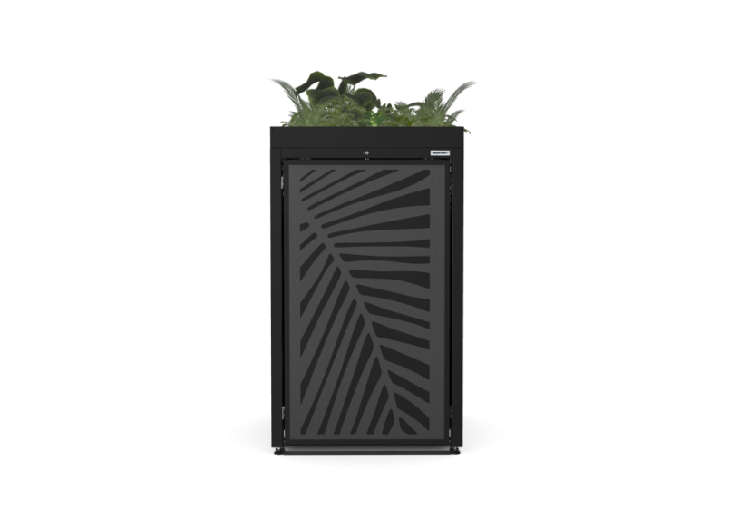 Box na 1 popelnici - Model FLORA / STEEL / LEAF Decor - Barva: RAL 7016 ( Antracit ), Barva dekoru: Černá