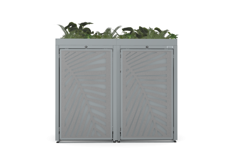 Boxy na 2 popelnice - Model FLORA / STEEL / LEAF Decor - Barva: RAL 7016 ( Antracit ), Barva dekoru: Černá