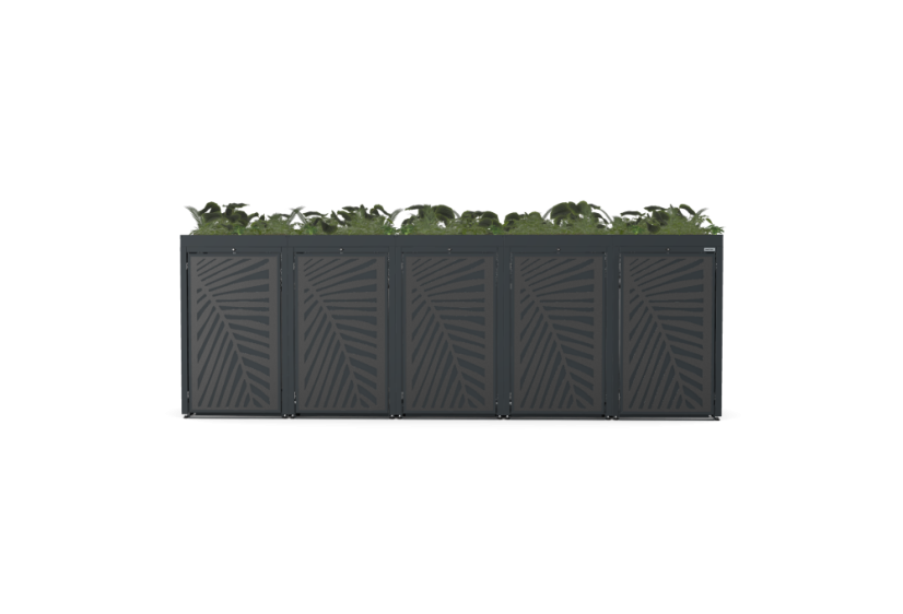 Boxy na 5 popelnic - Model FLORA / STEEL / LEAF Decor - Barva: RAL 9005 ( Černá), Barva dekoru: Černá