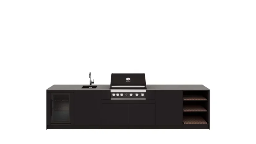Kitchen Boxy - Venkovní kuchyně KB360 - Montáž (typ kuchyně): Montáž ke stěně, Pracovní deska: Barva/Dekor: Polyrey T006, Barva dveří a bočnic: Premium TIGER ROSSO, Model Grilu: Grandhall MAXIM G5, Baterie, dřez: Polar White