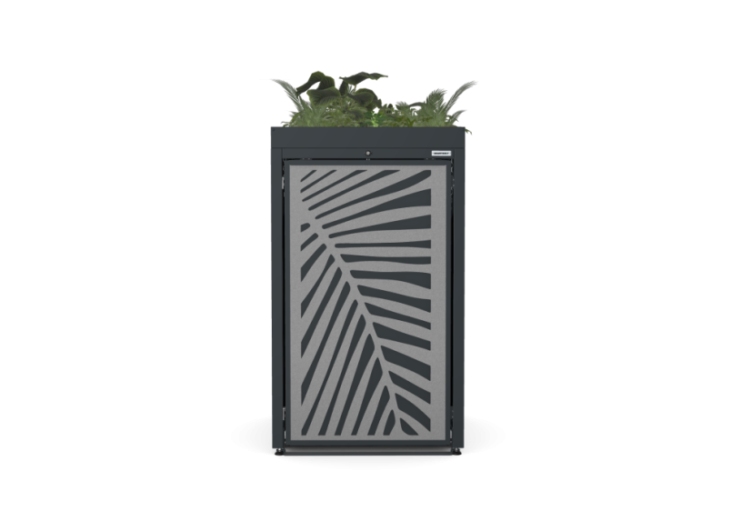 Box na 1 popelnici - Model FLORA / STEEL / LEAF Decor - Barva: RAL 7016 ( Antracit ), Barva dekoru: Černá