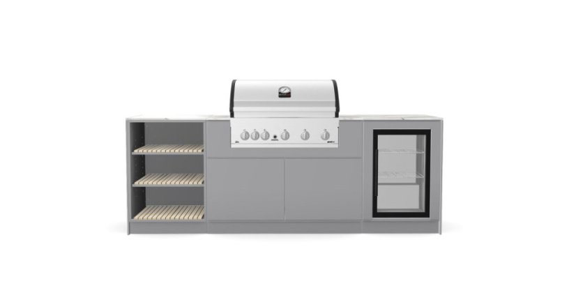 Kitchen Boxy - Venkovní kuchyně model 240 D - Montáž (typ kuchyně): Montáž ke stěně (zadní strana nezakrytá), Pracovní deska: Barva/Dekor: Carrara K551 SU (HPL - struktura světlého mramoru), Barva dveří a bočnic: Tiger Creme 605