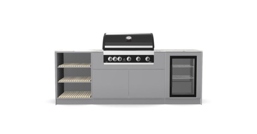 Kitchen Boxy - Venkovní kuchyně model 240 D - Montáž (typ kuchyně): Montáž ke stěně (zadní strana nezakrytá), Pracovní deska: Barva/Dekor: Carrara K551 SU (HPL - struktura světlého mramoru), Barva dveří a bočnic: Tiger Creme 605