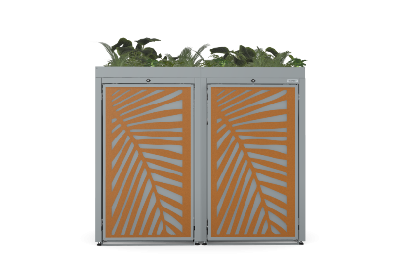 Boxy na 2 popelnice - Model FLORA / STEEL / LEAF Decor - Barva: RAL 7016 ( Antracit ), Barva dekoru: Černá