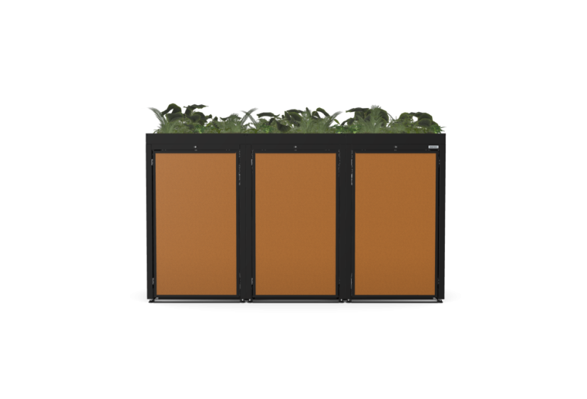 Boxy na 3 popelnice - Model FLORA / STEEL / FLAT Decor - Barva: RAL 9005 ( Černá), Barva dekoru: Imitace rzi