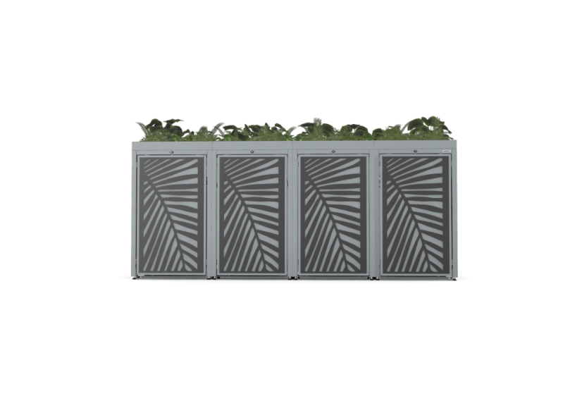 Boxy na 4 popelnice - Model FLORA / STEEL / LEAF Decor - Barva: RAL 9005 ( Černá), Barva dekoru: Imitace rzi