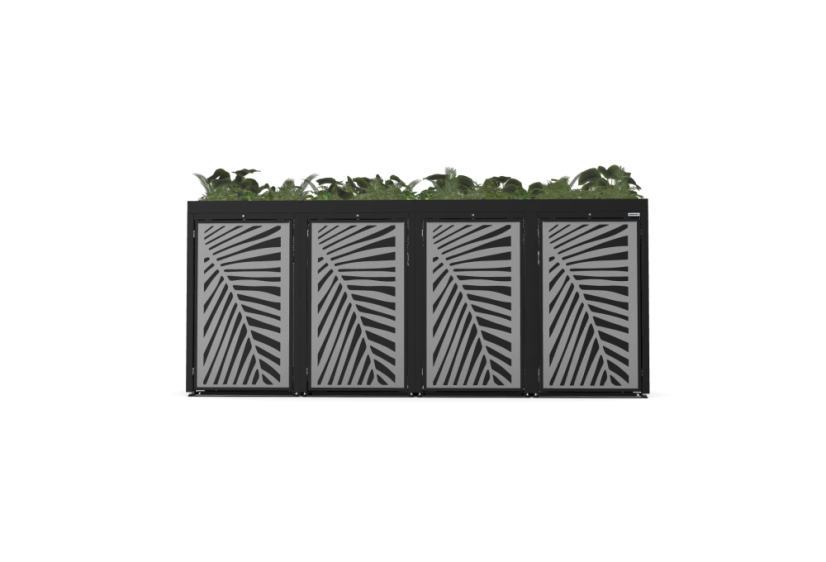 Boxy na 4 popelnice - Model FLORA / STEEL / LEAF Decor - Barva: RAL 9005 ( Černá), Barva dekoru: Imitace rzi