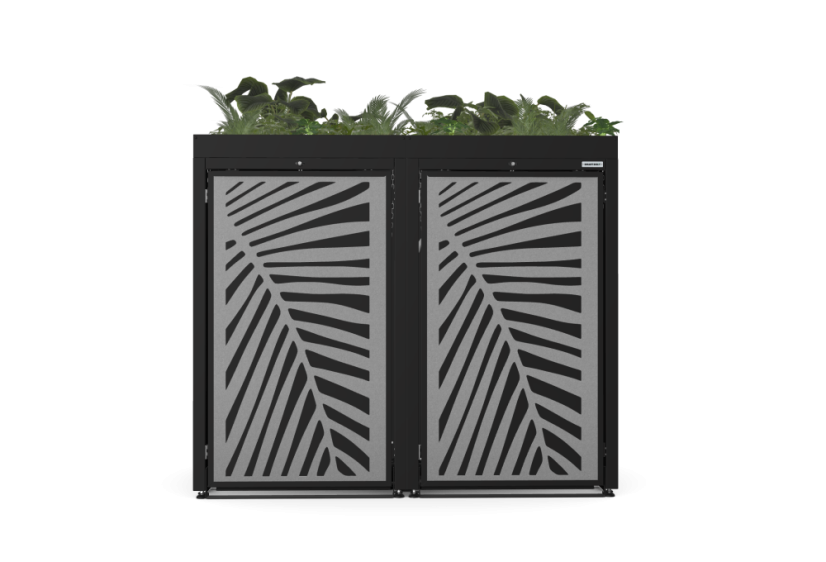 Boxy na 2 popelnice - Model FLORA / STEEL / LEAF Decor - Barva: RAL 7016 ( Antracit ), Barva dekoru: Černá