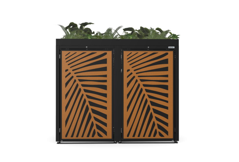 Boxy na 2 popelnice - Model FLORA / STEEL / LEAF Decor - Barva: RAL 7016 ( Antracit ), Barva dekoru: Černá