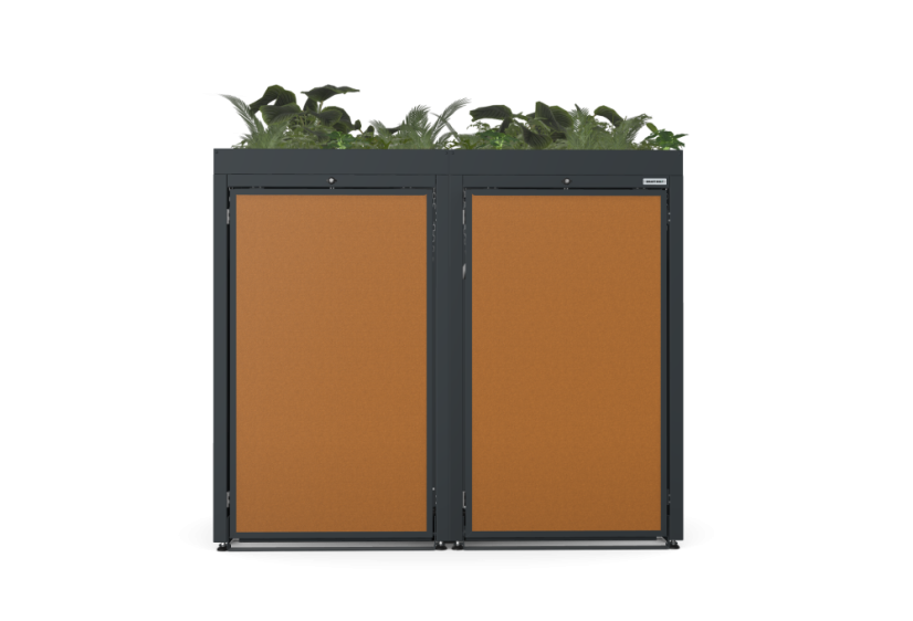 Boxy na 2 popelnice - Model FLORA / STEEL / FLAT Decor - Barva: RAL 9005 ( Černá), Barva dekoru: Imitace rzi