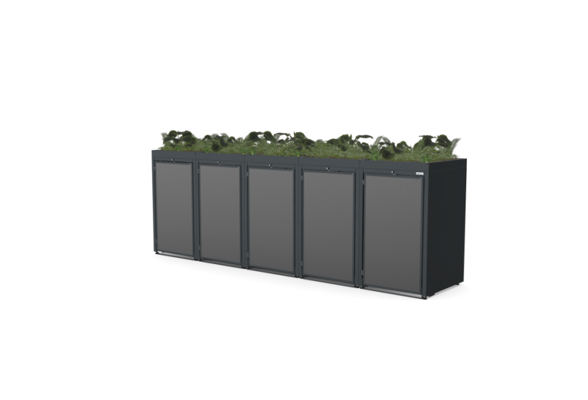 Boxy na 5 popelnic - Model FLORA / STEEL / FLAT Decor - Barva: RAL 7045 ( Světle-Šedá), Barva dekoru: Imitace rzi
