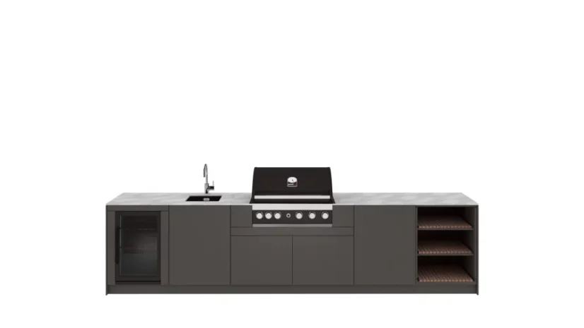 Kitchen Boxy - Venkovní kuchyně KB360 - Montáž (typ kuchyně): Montáž ke stěně, Pracovní deska: Barva/Dekor: Polyrey T006, Barva dveří a bočnic: Premium TIGER ROSSO, Model Grilu: Grandhall MAXIM G5, Baterie, dřez: Polar White