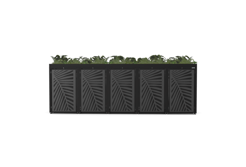 Boxy na 5 popelnic - Model FLORA / STEEL / LEAF Decor - Barva: RAL 9005 ( Černá), Barva dekoru: Černá