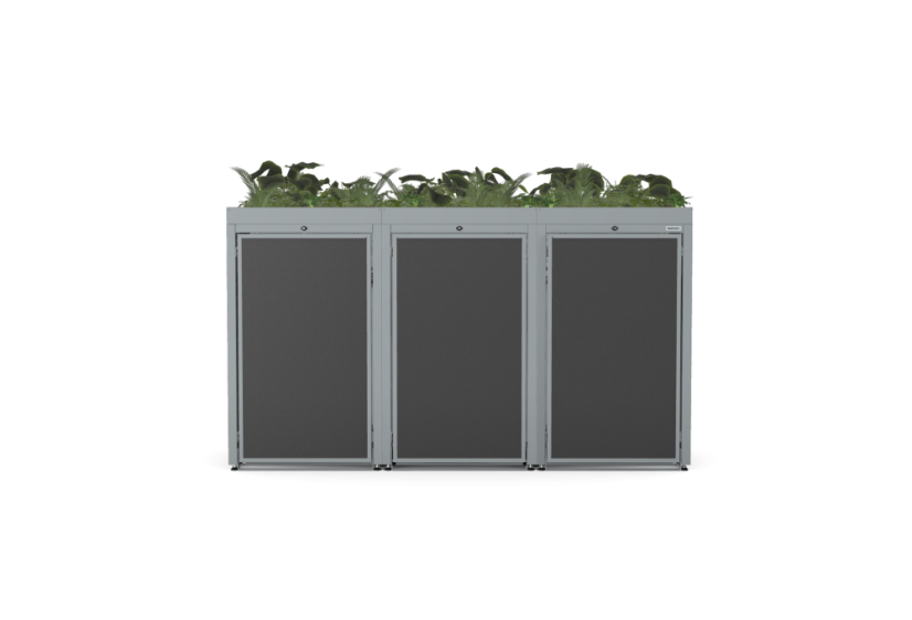 Boxy na 3 popelnice - Model FLORA / STEEL / FLAT Decor - Barva: RAL 9005 ( Černá), Barva dekoru: Imitace rzi