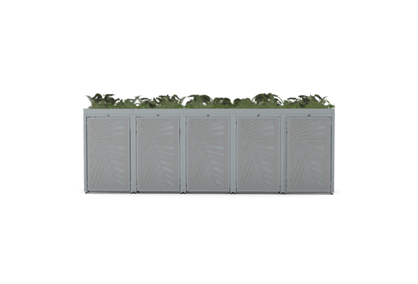 Boxy na 5 popelnic - Model FLORA / STEEL / LEAF Decor - Barva: RAL 7045 ( Světle-Šedá), Barva dekoru: Šedá