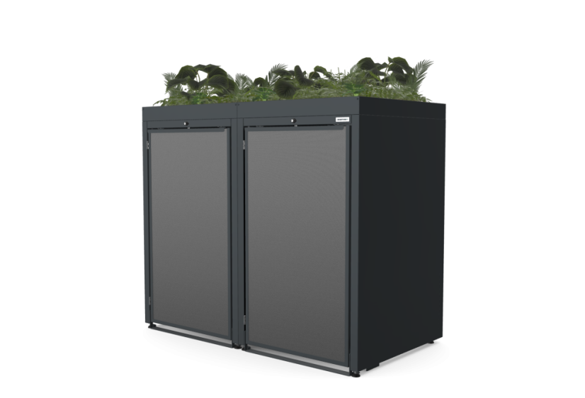 Boxy na 2 popelnice - Model FLORA / STEEL / FLAT Decor - Barva: RAL 9005 ( Černá), Barva dekoru: Imitace rzi