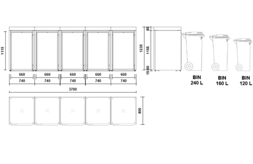 Boxy na 5 popelnic - Model FLORA / STEEL / LEAF Decor - Barva: RAL 9005 ( Černá), Barva dekoru: Černá