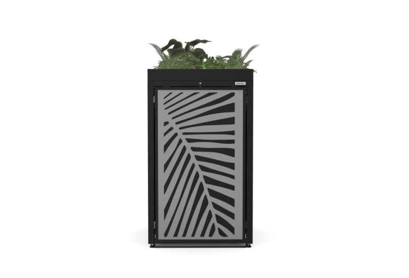 Box na 1 popelnici - Model FLORA / STEEL / LEAF Decor - Barva: RAL 7016 ( Antracit ), Barva dekoru: Černá