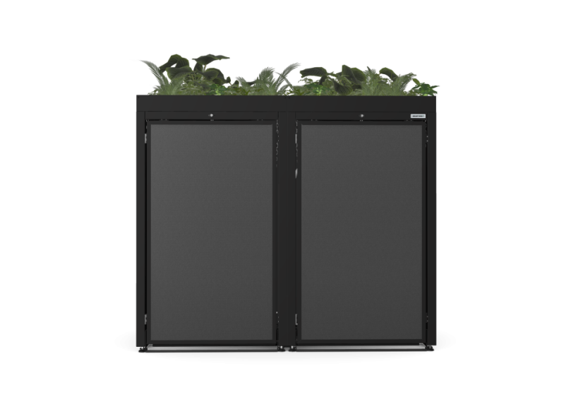 Boxy na 2 popelnice - Model FLORA / STEEL / FLAT Decor - Barva: RAL 9005 ( Černá), Barva dekoru: Imitace rzi