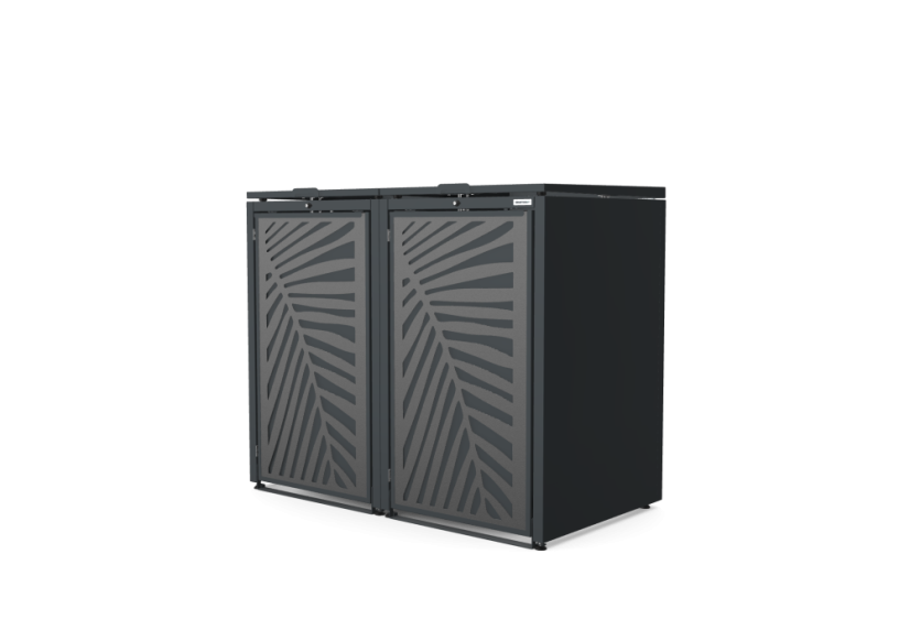 Boxy na 2 popelnice - Model HATCH / STEEL / LEAF Decor - Barva: RAL 7016 ( Antracit ), Barva dekoru: Černá