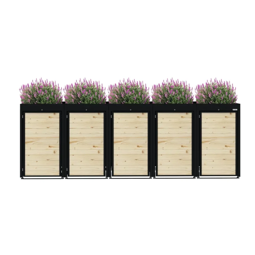 Boxy na 5 popelnic - Model FLORA / WOOD - Barva: RAL 9005 ( Černá)