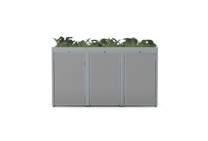 Boxy na 3 popelnice - Model FLORA / STEEL / FLAT Decor - Barva: RAL 9005 ( Černá), Barva dekoru: Imitace rzi