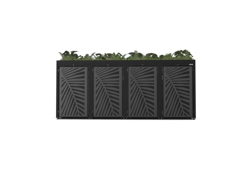 Boxy na 4 popelnice - Model FLORA / STEEL / LEAF Decor - Barva: RAL 9005 ( Černá), Barva dekoru: Imitace rzi