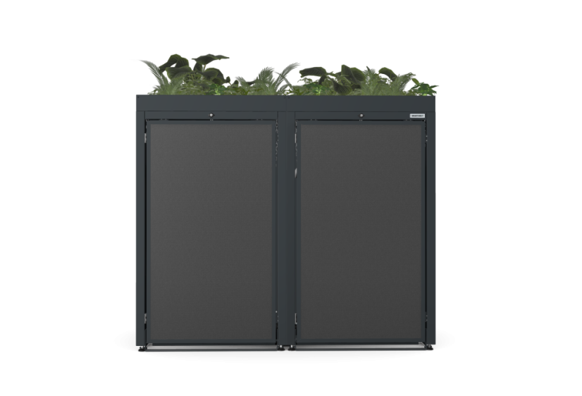 Boxy na 2 popelnice - Model FLORA / STEEL / FLAT Decor - Barva: RAL 9005 ( Černá), Barva dekoru: Imitace rzi