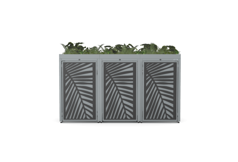 Boxy na 3 popelnice - Model FLORA / STEEL / LEAF Decor - Barva: RAL 7045 ( Světle-Šedá), Barva dekoru: Imitace rzi