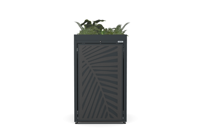 Box na 1 popelnici - Model FLORA / STEEL / LEAF Decor - Barva: RAL 7016 ( Antracit ), Barva dekoru: Černá