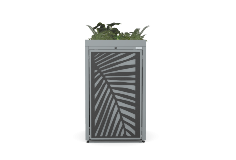 Box na 1 popelnici - Model FLORA / STEEL / LEAF Decor - Barva: RAL 7016 ( Antracit ), Barva dekoru: Černá