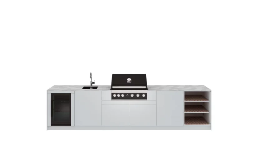 Kitchen Boxy - Venkovní kuchyně KB360 - Montáž (typ kuchyně): Montáž ke stěně, Pracovní deska: Barva/Dekor: Polyrey T006, Barva dveří a bočnic: Premium TIGER ROSSO, Model Grilu: Grandhall MAXIM G5, Baterie, dřez: Polar White