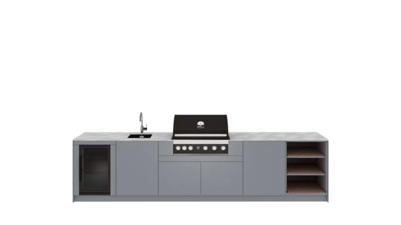 Kitchen Boxy - Venkovní kuchyně KB360 - Montáž (typ kuchyně): Montáž ke stěně, Pracovní deska: Barva/Dekor: Polyrey T006, Barva dveří a bočnic: Premium TIGER ROSSO, Model Grilu: Grandhall MAXIM G5, Baterie, dřez: Polar White