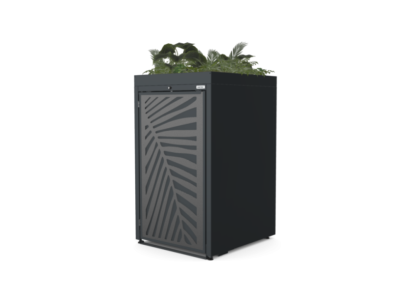 Box na 1 popelnici - Model FLORA / STEEL / LEAF Decor - Barva: RAL 7016 ( Antracit ), Barva dekoru: Šedá