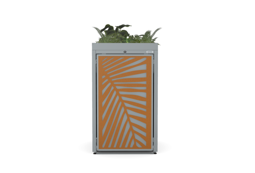 Box na 1 popelnici - Model FLORA / STEEL / LEAF Decor - Barva: RAL 7016 ( Antracit ), Barva dekoru: Šedá