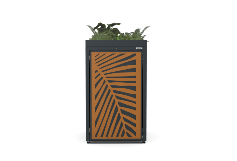 Box na 1 popelnici - Model FLORA / STEEL / LEAF Decor - Barva: RAL 7016 ( Antracit ), Barva dekoru: Černá