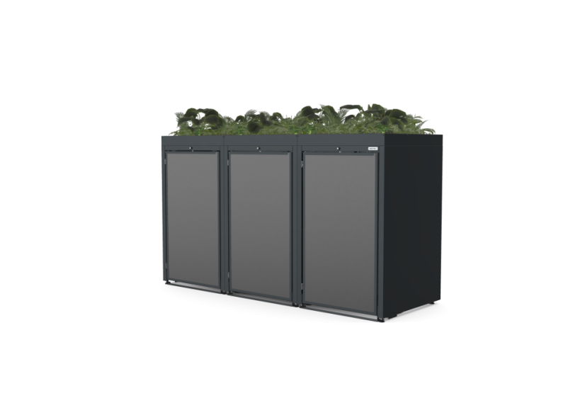 Boxy na 3 popelnice - Model FLORA / STEEL / FLAT Decor - Barva: RAL 7045 ( Světle-Šedá), Barva dekoru: Imitace rzi