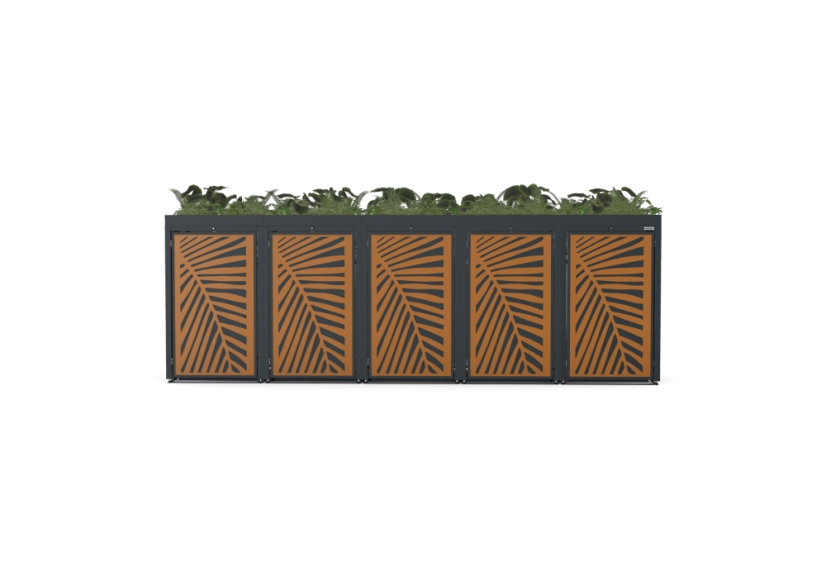 Boxy na 5 popelnic - Model FLORA / STEEL / LEAF Decor - Barva: RAL 9005 ( Černá), Barva dekoru: Černá