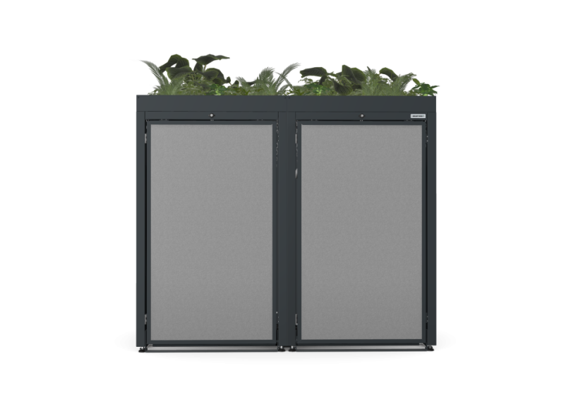 Boxy na 2 popelnice - Model FLORA / STEEL / FLAT Decor - Barva: RAL 9005 ( Černá), Barva dekoru: Imitace rzi