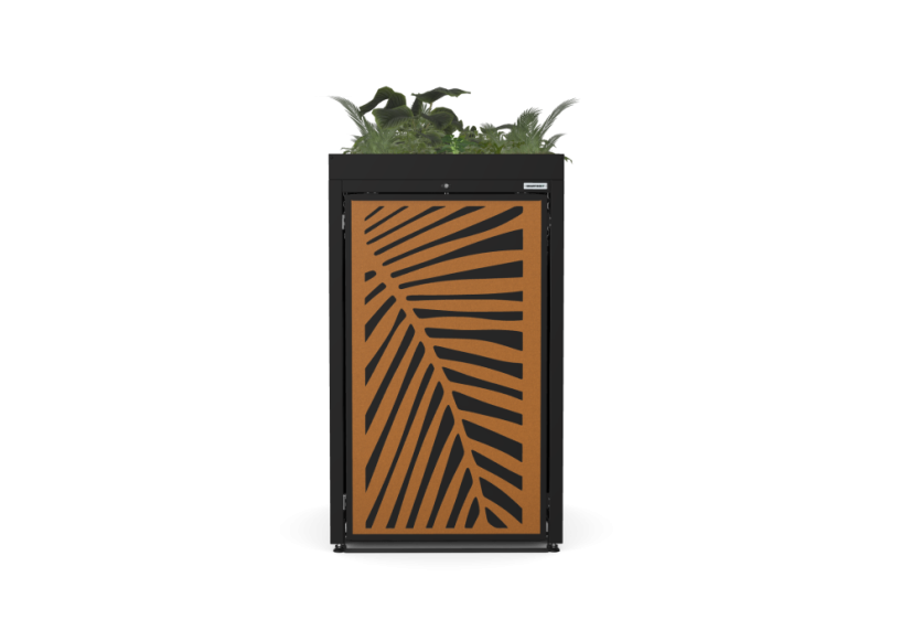 Box na 1 popelnici - Model FLORA / STEEL / LEAF Decor - Barva: RAL 7016 ( Antracit ), Barva dekoru: Černá