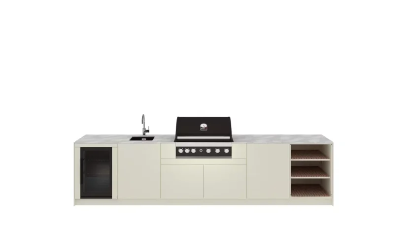 Kitchen Boxy - Venkovní kuchyně KB360 - Montáž (typ kuchyně): Montáž ke stěně, Pracovní deska: Barva/Dekor: Polyrey T006, Barva dveří a bočnic: Premium TIGER ROSSO, Model Grilu: Grandhall MAXIM G5, Baterie, dřez: Polar White