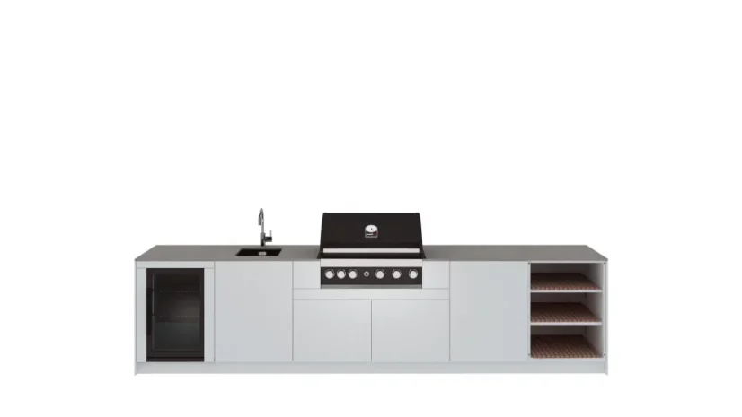 Kitchen Boxy - Venkovní kuchyně KB360 - Montáž (typ kuchyně): Montáž ke stěně, Pracovní deska: Barva/Dekor: Polyrey T006, Barva dveří a bočnic: Premium TIGER ROSSO, Model Grilu: Grandhall MAXIM G5, Baterie, dřez: Polar White