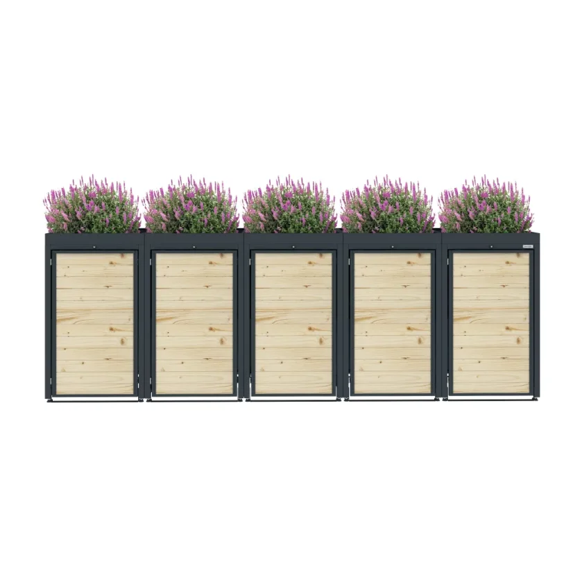 Boxy na 5 popelnic - Model FLORA / WOOD - Barva: RAL 9005 ( Černá)
