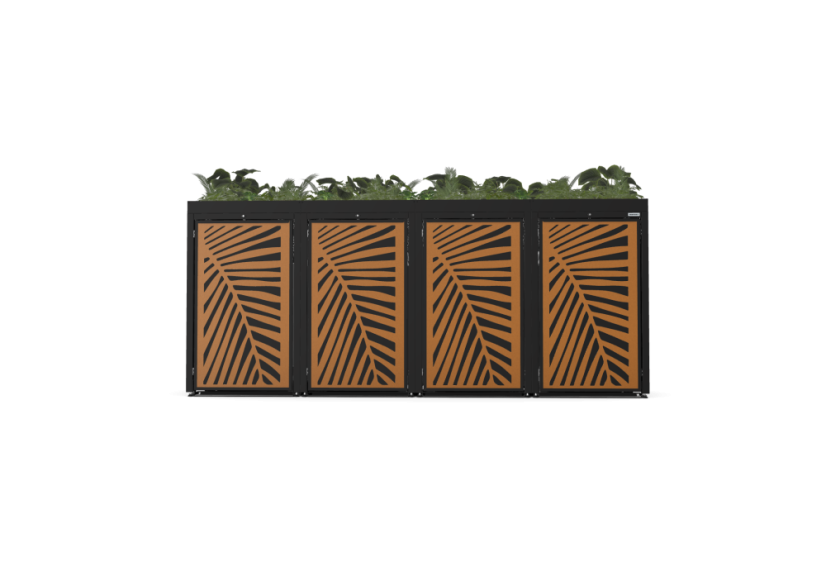 Boxy na 4 popelnice - Model FLORA / STEEL / LEAF Decor - Barva: RAL 9005 ( Černá), Barva dekoru: Imitace rzi