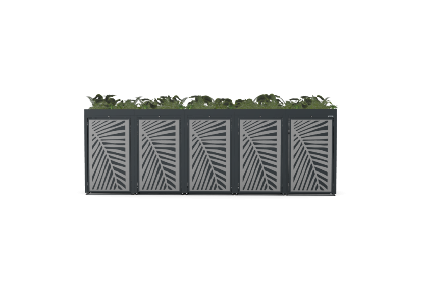 Boxy na 5 popelnic - Model FLORA / STEEL / LEAF Decor - Barva: RAL 9005 ( Černá), Barva dekoru: Černá