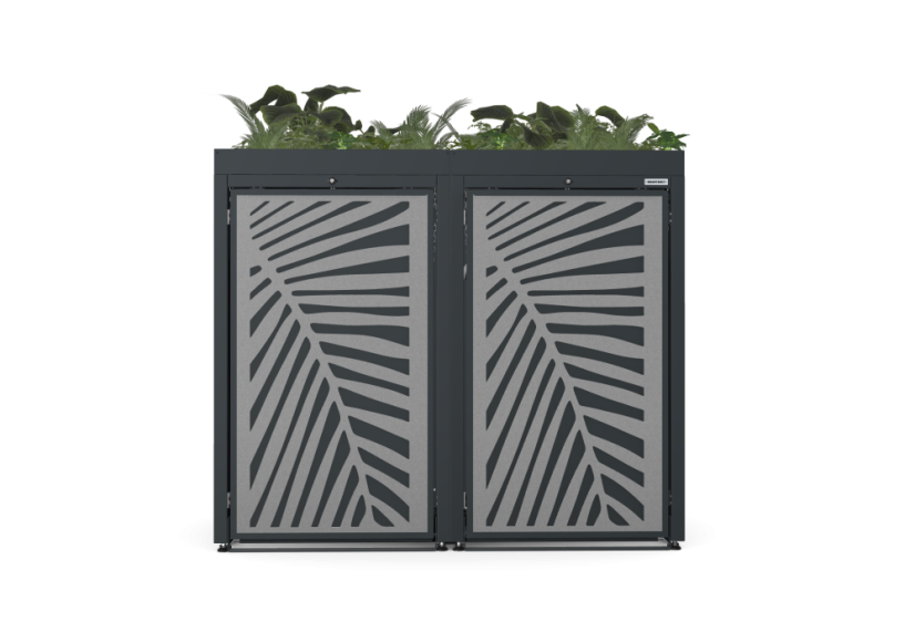 Boxy na 2 popelnice - Model FLORA / STEEL / LEAF Decor - Barva: RAL 7016 ( Antracit ), Barva dekoru: Černá