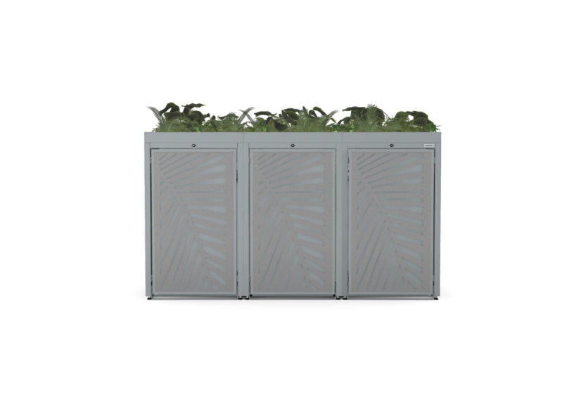 Boxy na 3 popelnice - Model FLORA / STEEL / LEAF Decor - Barva: RAL 7045 ( Světle-Šedá), Barva dekoru: Imitace rzi