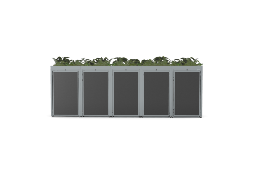 Boxy na 5 popelnic - Model FLORA / STEEL / FLAT Decor - Barva: RAL 7045 ( Světle-Šedá), Barva dekoru: Imitace rzi
