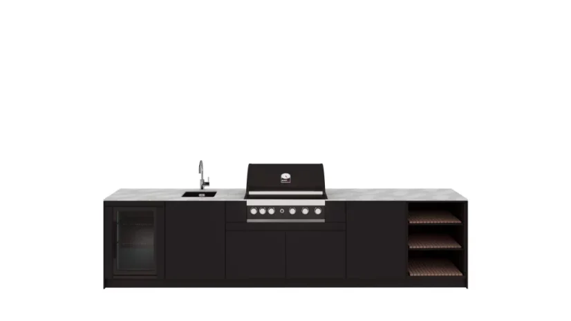 Kitchen Boxy - Venkovní kuchyně KB360 - Montáž (typ kuchyně): Montáž ke stěně, Pracovní deska: Barva/Dekor: Premium 1474, Barva dveří a bočnic: Premium TIGER HIGHLAND 3601, Model Grilu: Grandhall ELITE G5, Baterie, dřez: Polar White