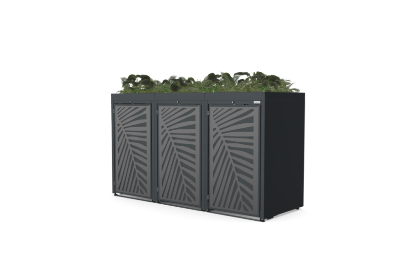 Boxy na 3 popelnice - Model FLORA / STEEL / LEAF Decor - Barva: RAL 9005 ( Černá), Barva dekoru: Černá